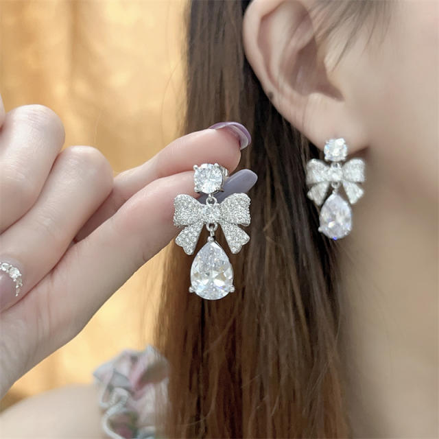 Luxury diamond bow tear drop women earrings