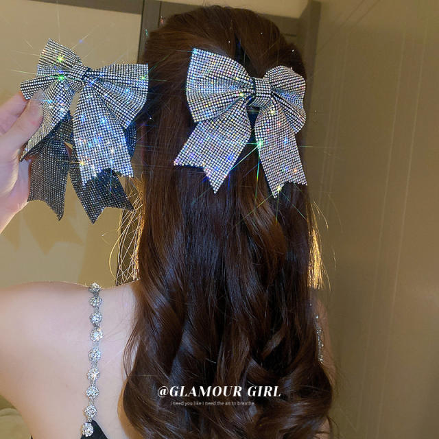 Delicate diamond bow large size french barrette hair clips