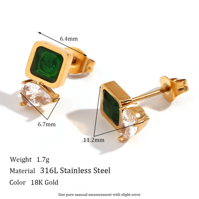 18K emerald cubic zircon statement stainless steel earrings