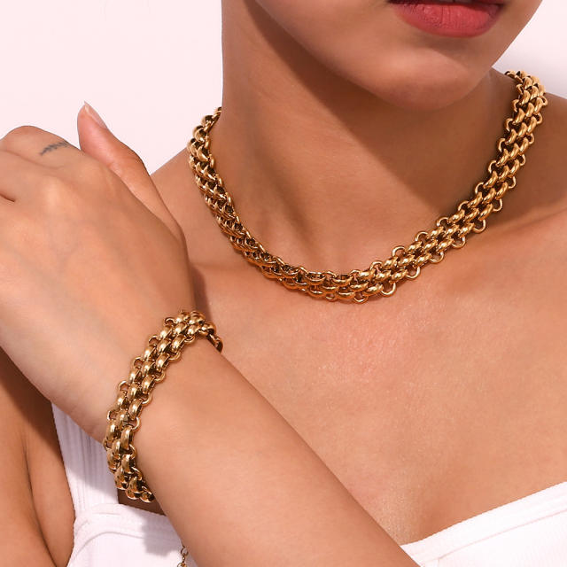 18K chunky braid chain stainless steel necklace bracelet set