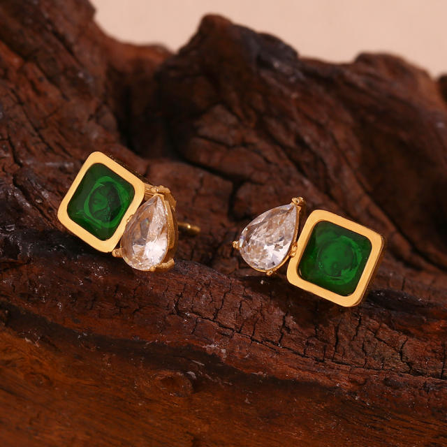 18K emerald cubic zircon statement stainless steel earrings