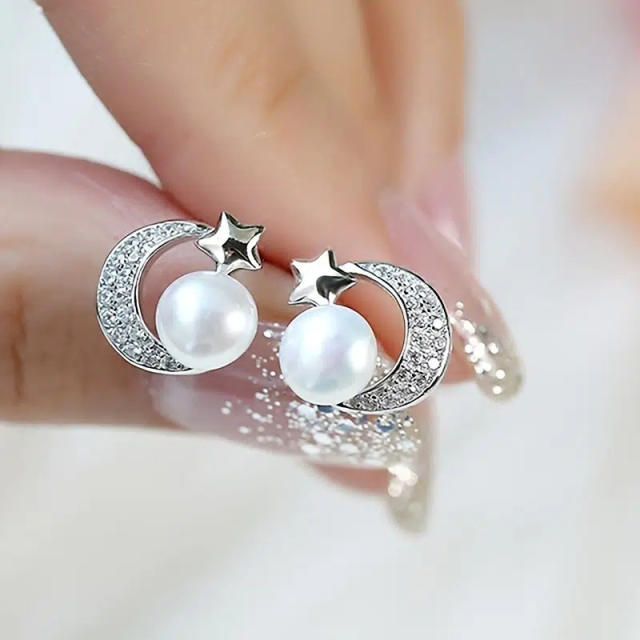 Chic silver color moon pearl studs earrings