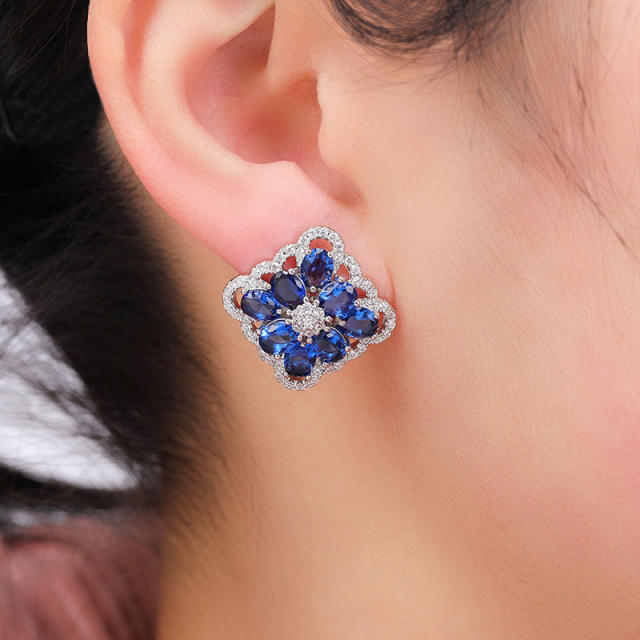 Delicate sapphire blue cubic zircon square shape studs earrings