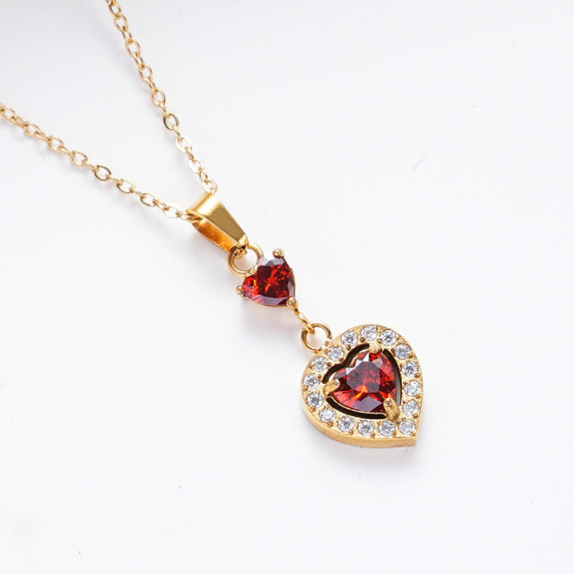 Dainty ruby tear drop pendant stainless steel chain necklace