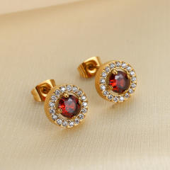 18K ruby cubic zircon statement stainless steel studs earrings