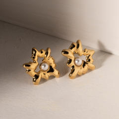 INS trend lava series hollow out heart pearl bead stainless steel earrings