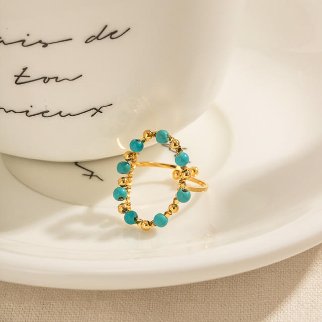 Vintage turquoise bead hollow out oval shaoe stainless steel rings