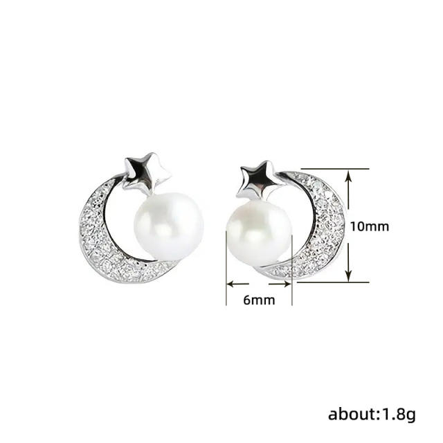 Chic silver color moon pearl studs earrings