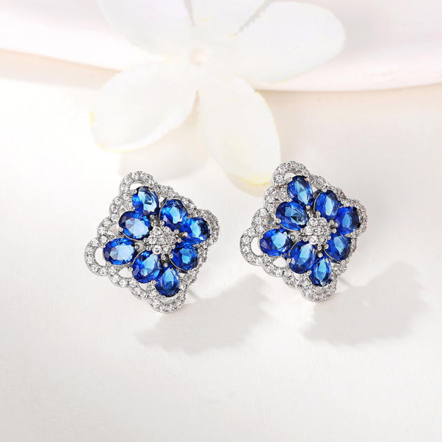 Delicate sapphire blue cubic zircon square shape studs earrings