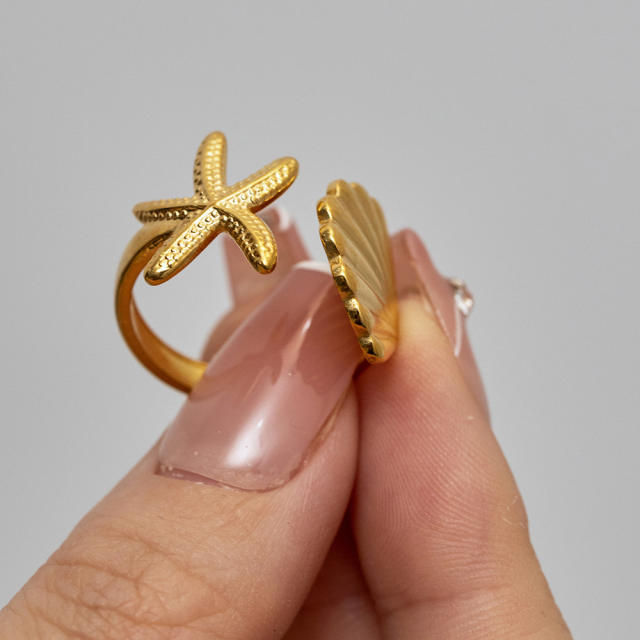 18K ocean series starfish shell stainless steel finger rings