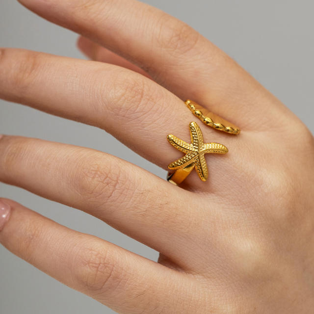 18K ocean series starfish shell stainless steel finger rings
