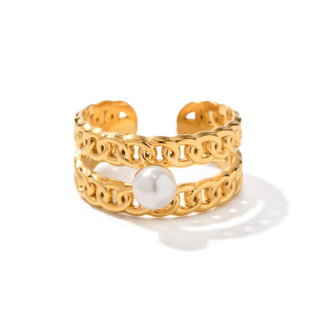 Elegant pearl bead wide stainless steel rings