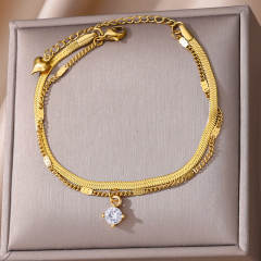 Elegant summer snake chain diamond evil eye heart two layer stainless steel anklet