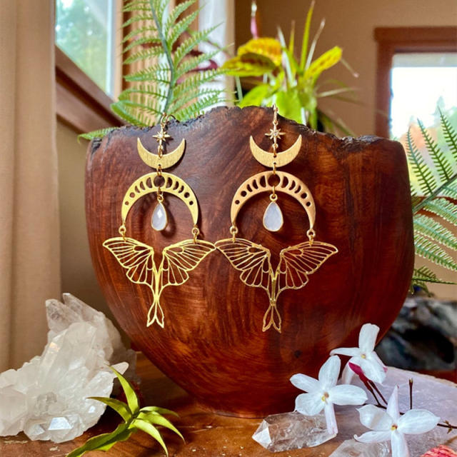 Vintage boho moonstone moth dangle earrings