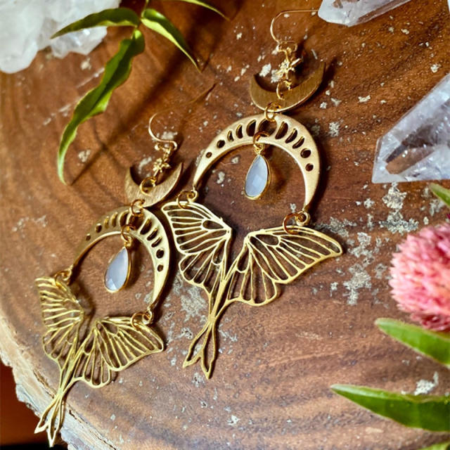 Vintage boho moonstone moth dangle earrings