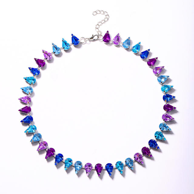 Luxury drop shape colorful glass crystal statement choker necklace