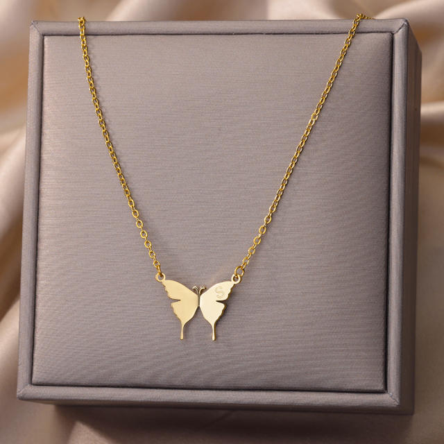 Dainty butterfly initial letter stainless steel necklace