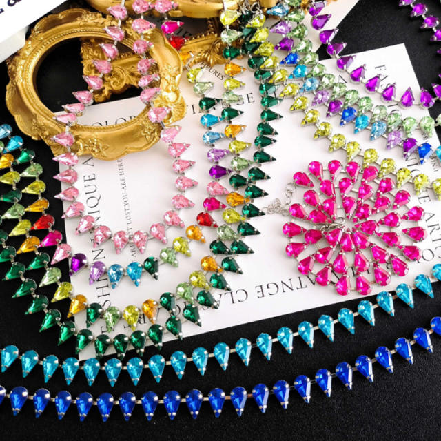 Luxury drop shape colorful glass crystal statement choker necklace