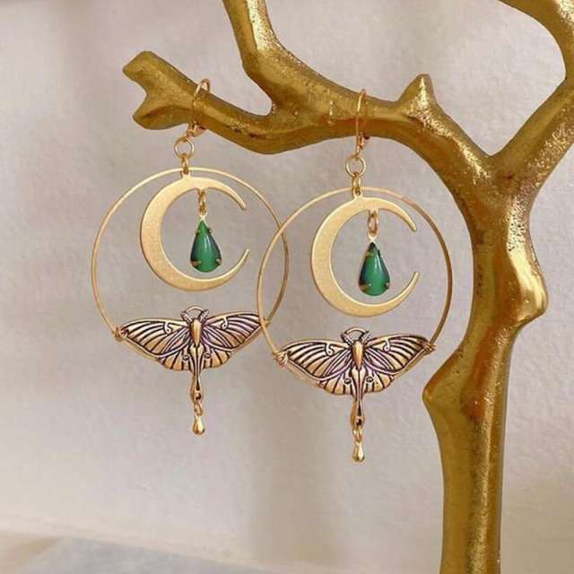 Boho gold color moth boho tear drop geometric circle dangle earrings