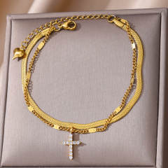 Elegant summer snake chain diamond evil eye heart two layer stainless steel anklet