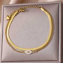 Elegant summer snake chain diamond evil eye heart two layer stainless steel anklet