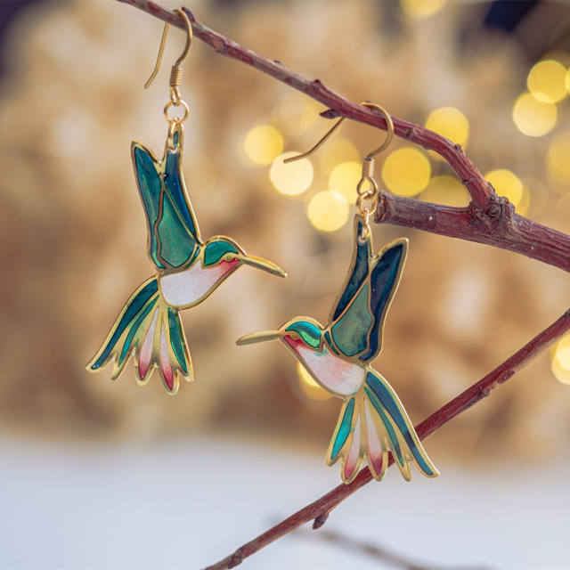 Vintage cute animal enamel hummingbird dangle earrings