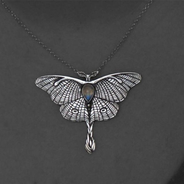 Vintage boho gothic moth pendant necklace