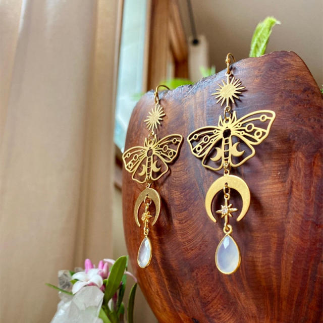 Vintage boho gold color moth moonstone drop dangle earrings