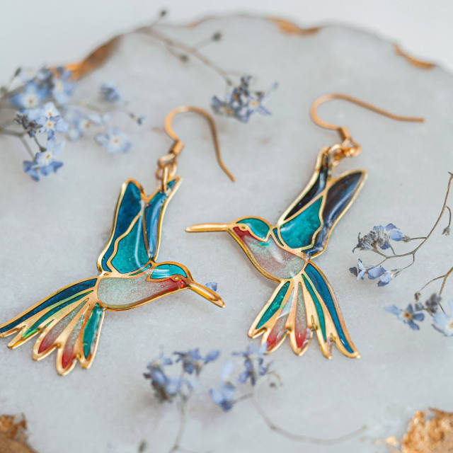 Vintage cute animal enamel hummingbird dangle earrings