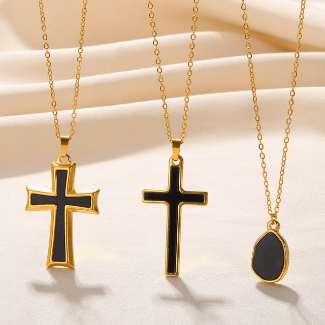Vintage black color cross pendant stainless steel necklace