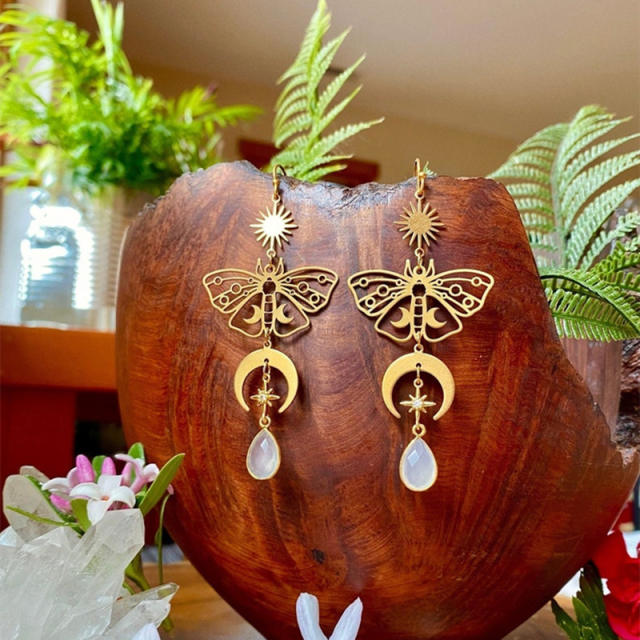 Vintage boho gold color moth moonstone drop dangle earrings