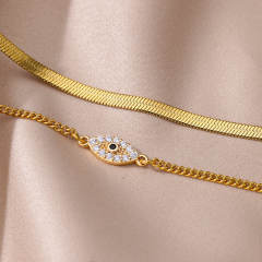 Elegant summer snake chain diamond evil eye heart two layer stainless steel anklet