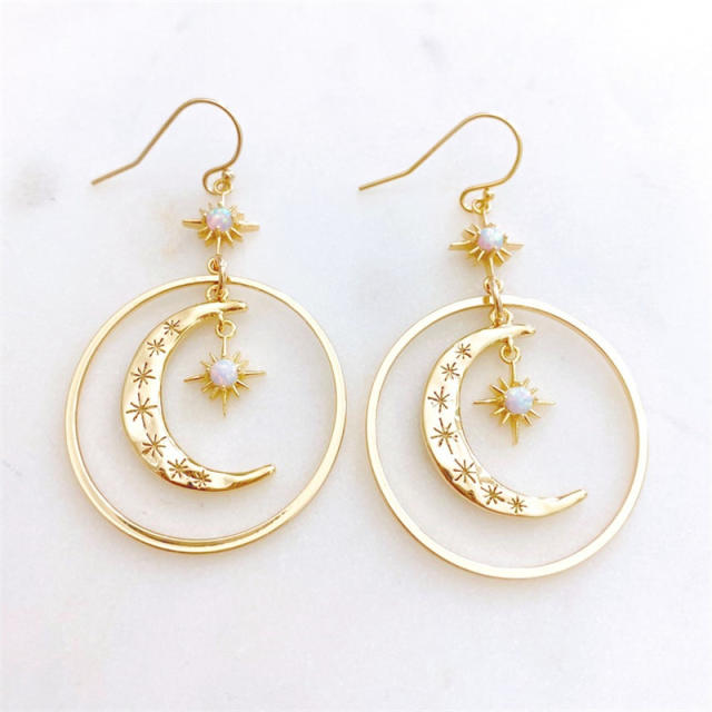 Vintage boho gold color moon geometric circl dangle earrings