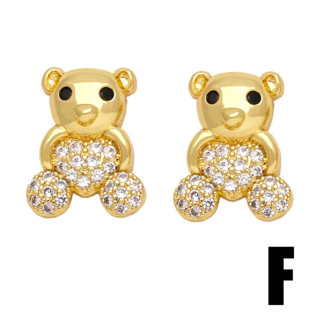 Cute full cubic zircon bear puppy crab gold plated copper studs earrings