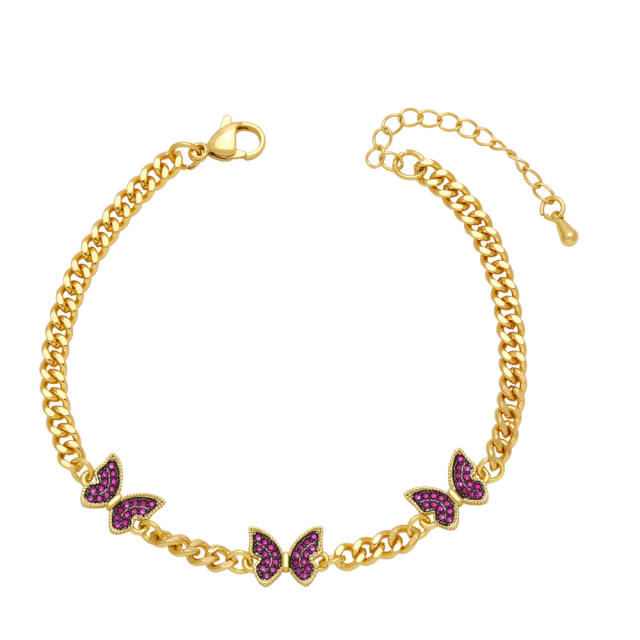 Hiphop colorful cubic zircon butterfly gold plated cuban chain bracelet