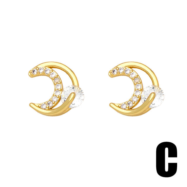 Sweet super shiny diamond moon gold plated copper studs earrings