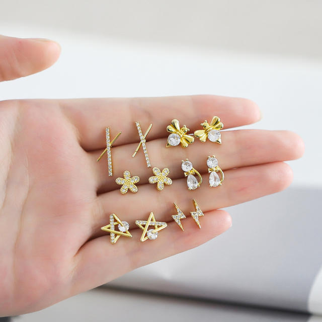 Easy match full cubic zircon diamond copper studs earrings