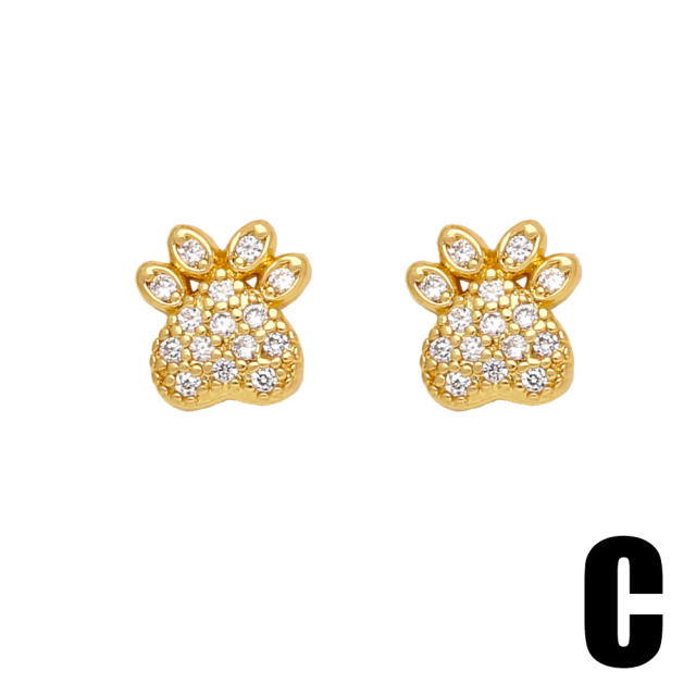 Cute full cubic zircon bear puppy crab gold plated copper studs earrings