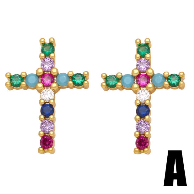 Easy match rainbow cz diamond cross gold plated copper studs earrings