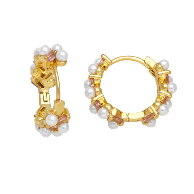 Elegant pearl bead gold plated copper huggie earrings