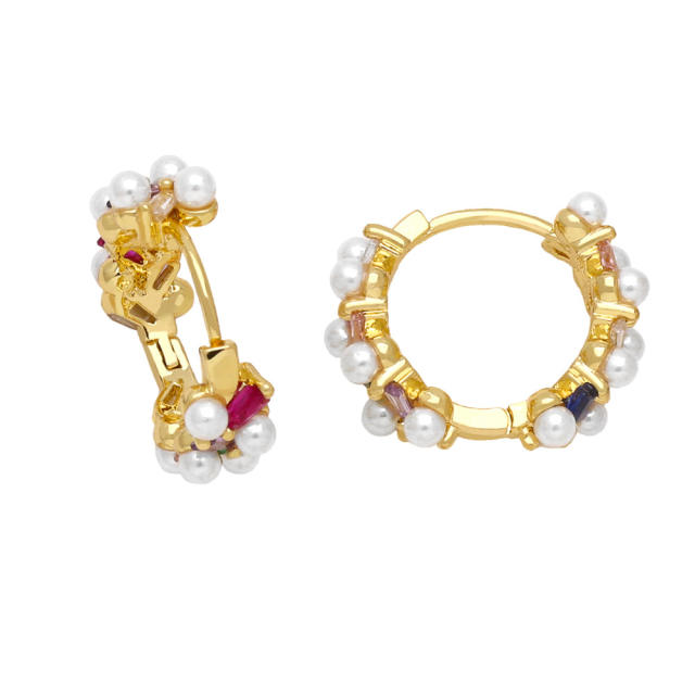 Elegant pearl bead gold plated copper huggie earrings