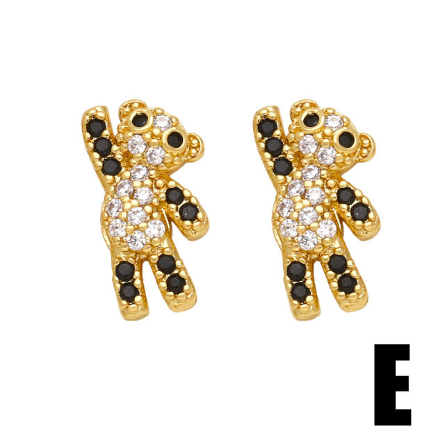 Cute full cubic zircon bear puppy crab gold plated copper studs earrings