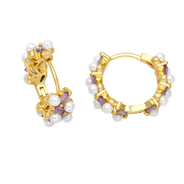 Elegant pearl bead gold plated copper huggie earrings