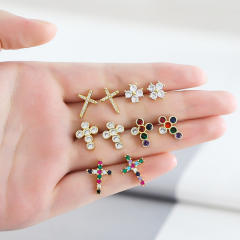 Easy match rainbow cz diamond cross gold plated copper studs earrings