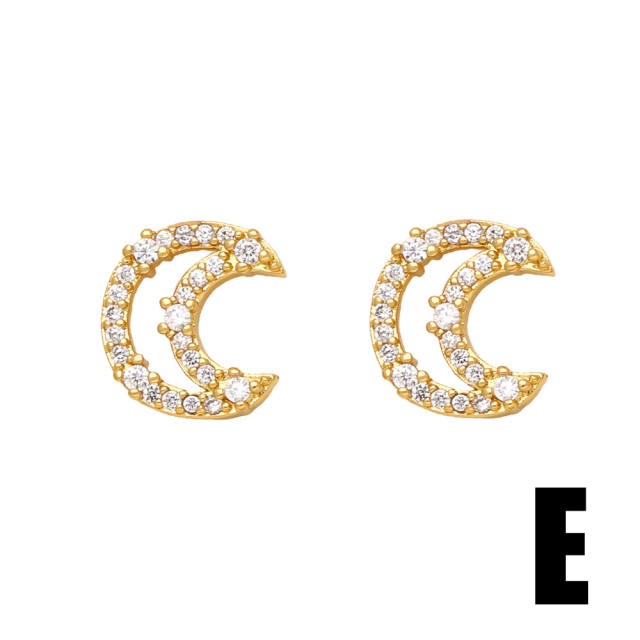 Sweet super shiny diamond moon gold plated copper studs earrings