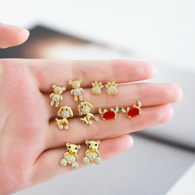 Cute full cubic zircon bear puppy crab gold plated copper studs earrings