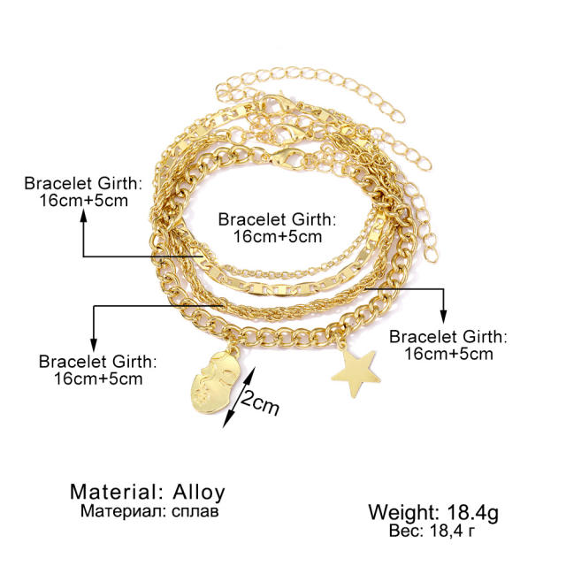 Vintage 4pcs gold color rope chain star charm women bracelet set