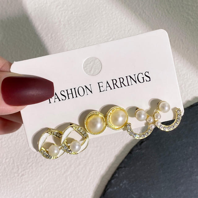 3 pair white color pearl bead studs hoop earrings set