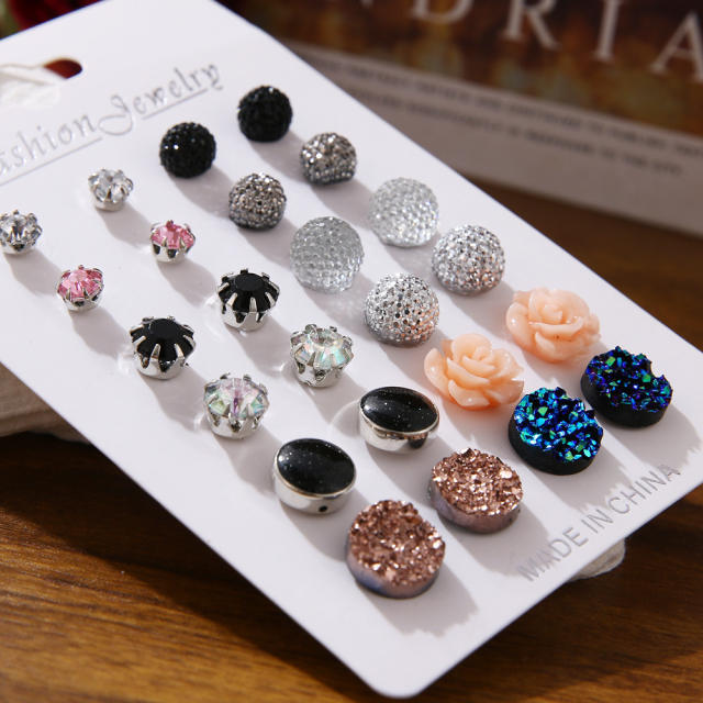 12 pair hot sale shiny ball rose flower studs earrings set