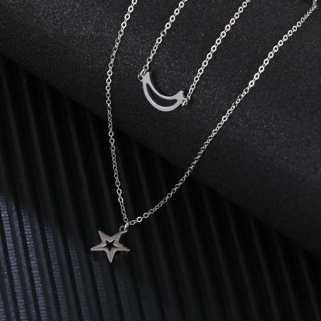 Dainty two layer hollow moon star stainless steel necklace